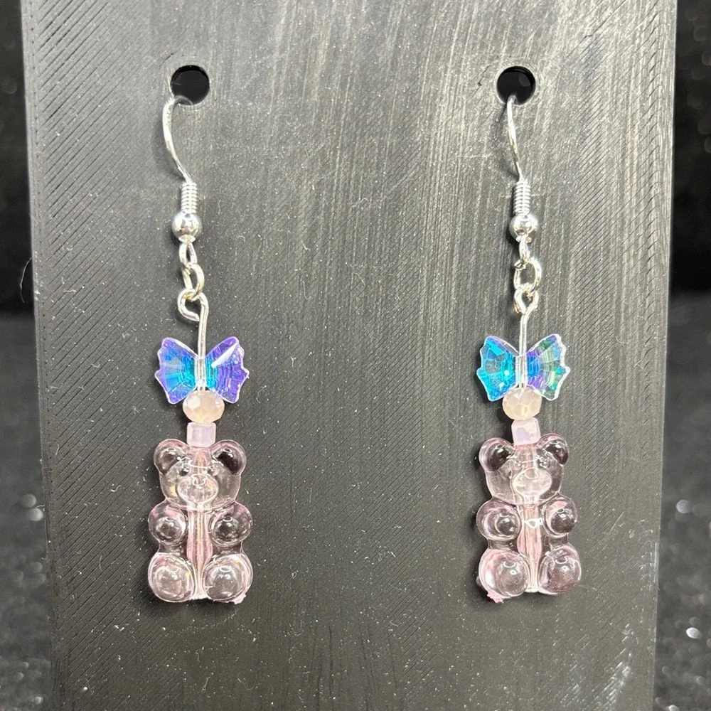 Pink Gummy Bear Dangle Earrings with Crystal Bow